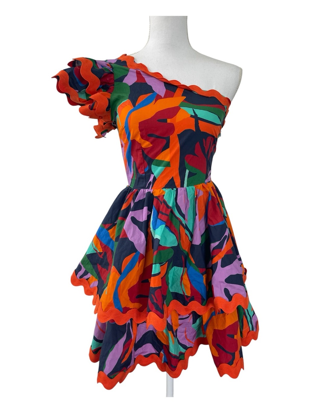 Avara One Shoulder Ruffle Dress Bright Resort Cotton Ric Rac Small NWT